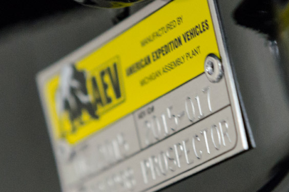 Vehicle serial number plaque on an AEV Prospector XL Tray Bed Edition